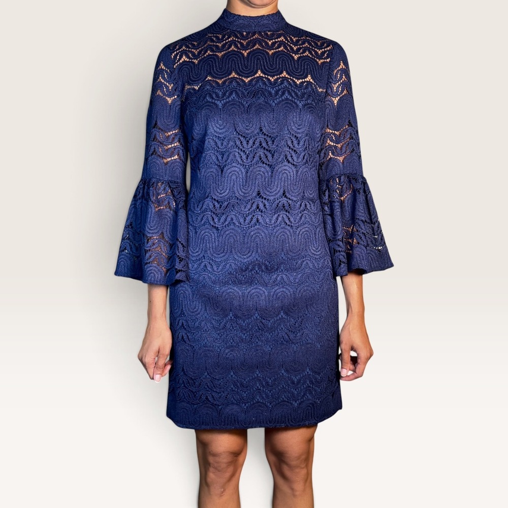 Trina Turk Plume Lace Sheath Cocktail Dress Sz 4 Navy Blue Wedding Guest NWT